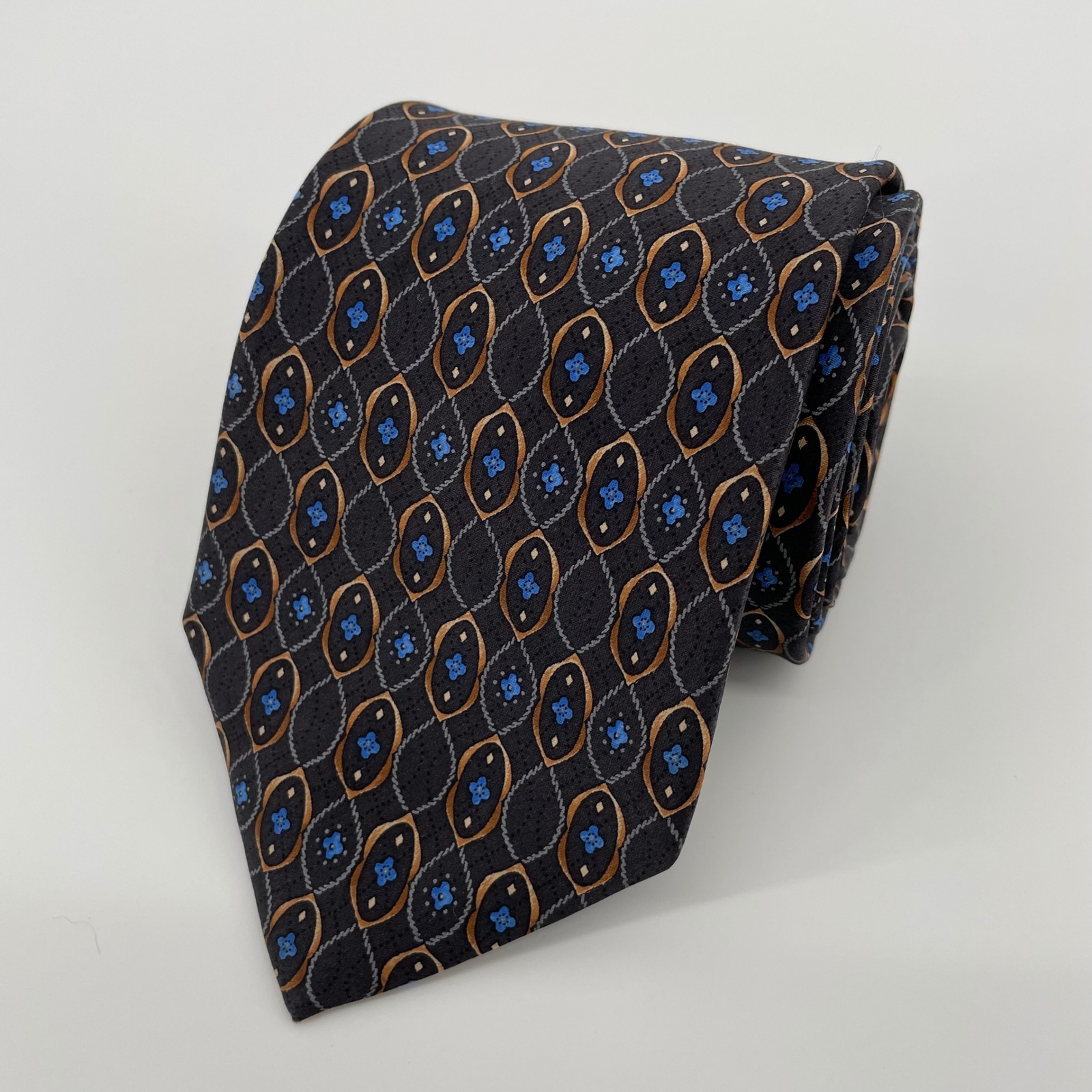 Jos. A. Bank Traveler Silk Tie Men's Grey Blue Gold Geometric Medallion Formal